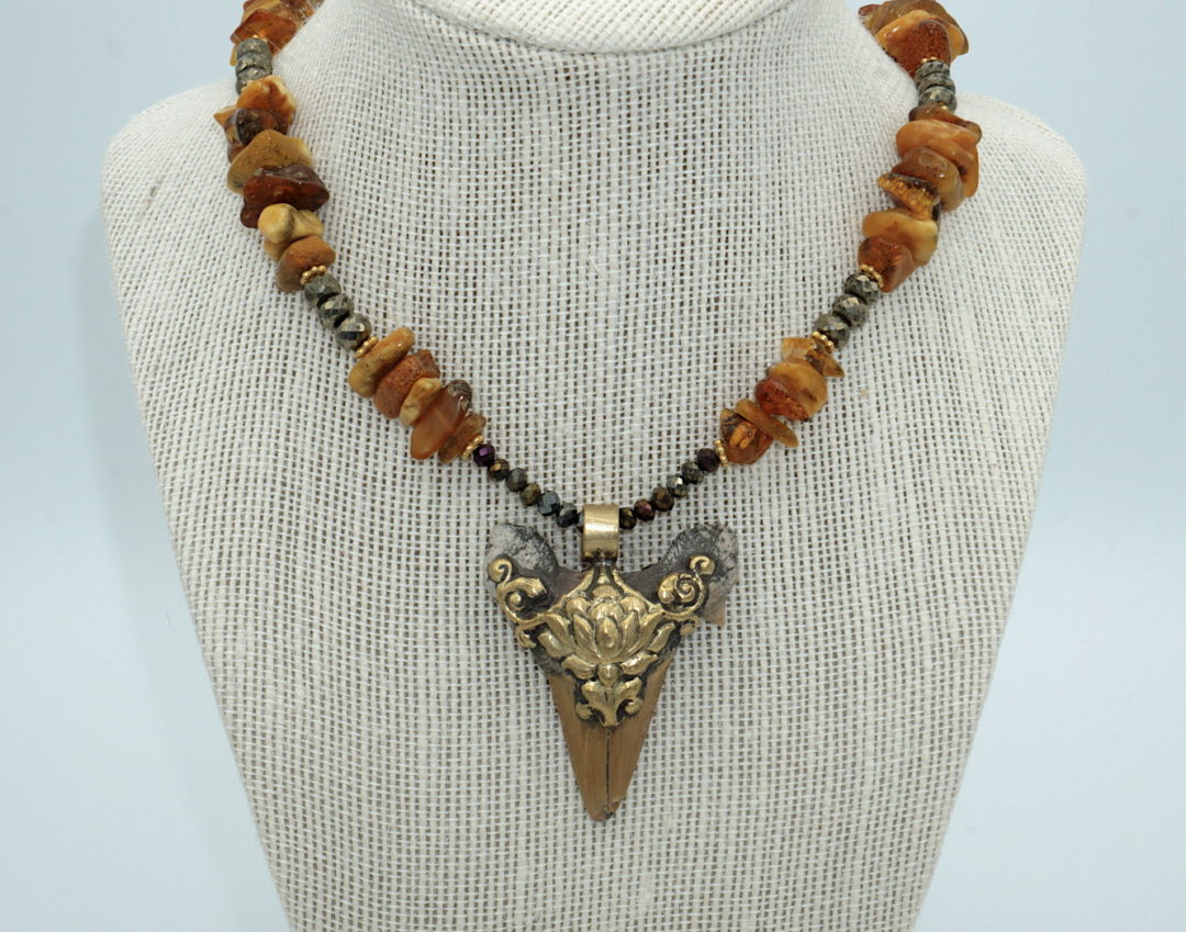fossilized shark tooth amulet ~ amber necklace - jillijewels