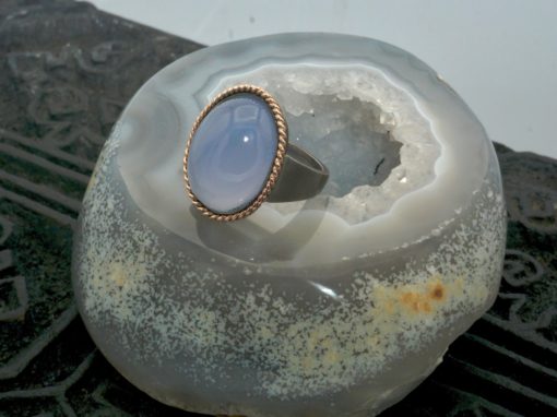 chalcedony ~ 14 k rose gold braid ~ oxidized silver ring