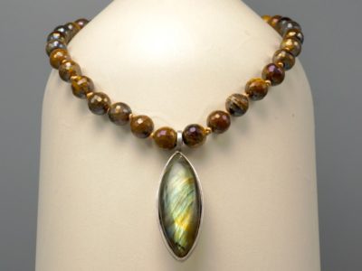 labradorite silver amulet with treated tiger eye beads.