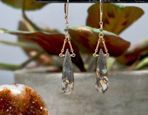 feather pyrite teardrops ~ gold bar chain earrings