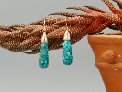 mohave turquoise drops ~ 14 k rose gold earrings