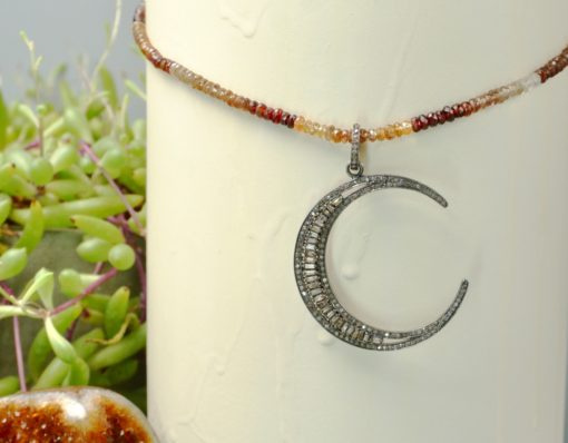 diamond baguette crescent moon pendant ~ natural zircon necklace