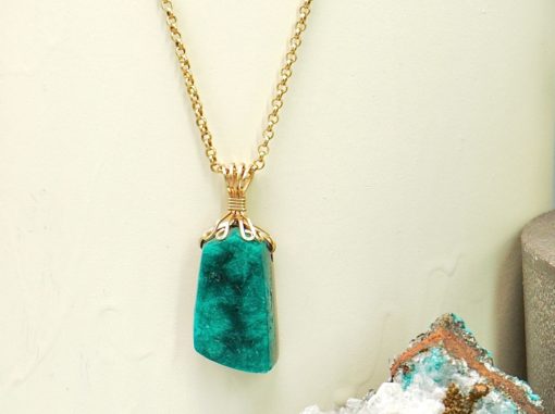 dioptase amulet (wrapped) ~ gold rolo chain necklace