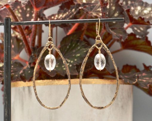 faceted quartz crystal drops ~ gold teardrop hoop earrings