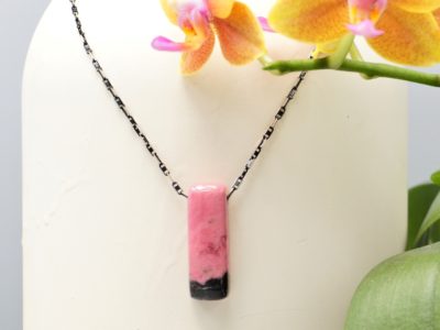 rhodonite amulet ~ oxidized silver chain necklace