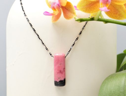 rhodonite amulet ~ oxidized silver chain necklace