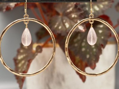 faceted rose quartz teardrops ~ gold hoop earrings