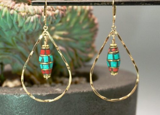 turquoise ~ coral ~ tibetan beads ~ gold teardrop hoop earrings