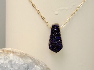druzy azurite amulet ~ long gold chain necklace