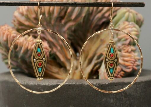 turquoise ~ coral tibetan beads ~ gold hoop earrings