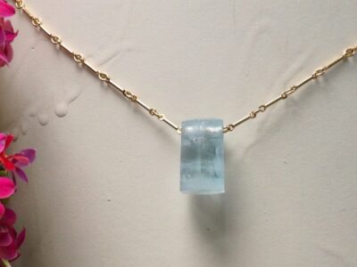 aquamarine crystal amulet ~ gold bar chain necklace