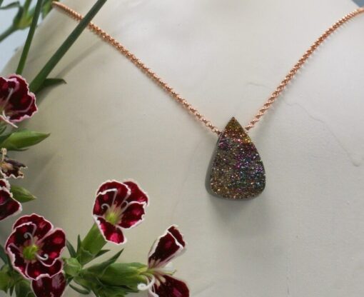 druzy rainbow pyrite amulet ~ rose gold chain necklace
