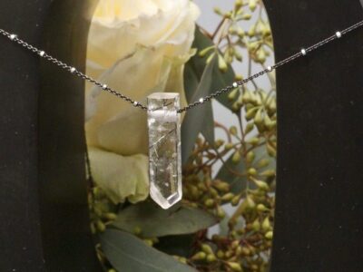 tourmalinated quartz amulet ~ beaded silver chain necklace