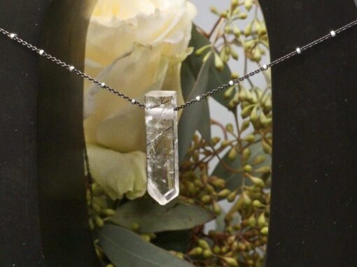 tourmalinated quartz amulet ~ beaded silver chain necklace