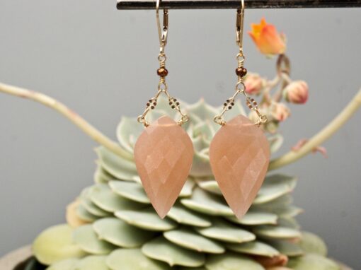 faceted pink moonstone shields ~ gold decorative chain earrings