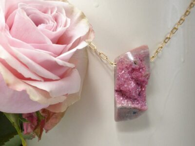 druzy cobalto calcite amulet ~ long gold chain necklace