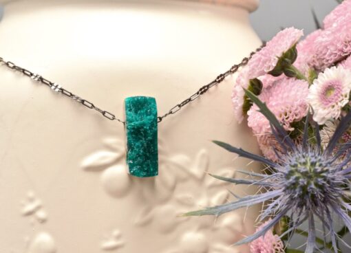 druzy dioptase amulet ~ oxidized silver chain necklace