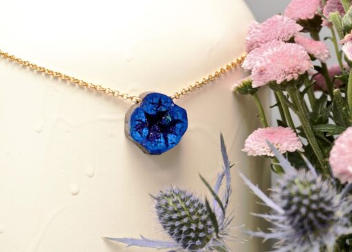 druzy azurite geode amulet ~ gold rolo chain necklace