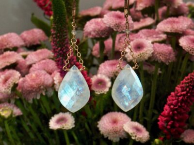 faceted rainbow moonstone drops ~ rose gold chain earrings