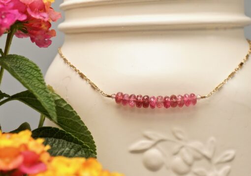 faceted pink tourmaline bar ~ gold bar chain necklace