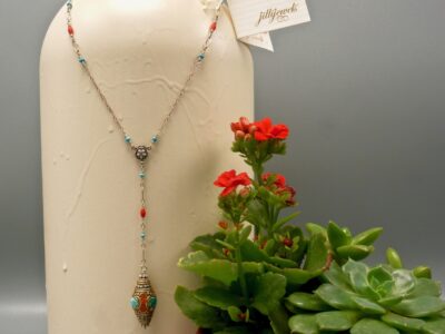 tibetan turquoise ~ coral silver rosary necklace