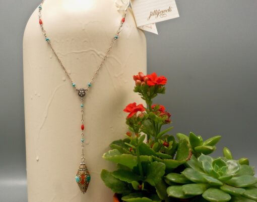 tibetan turquoise ~ coral silver rosary necklace