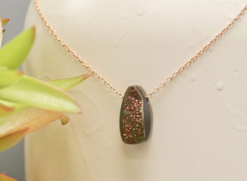 druzy rainbow pyrite amulet ~ rose gold chain necklace