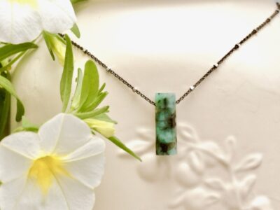emerald amulet ~ beaded silver chain necklace