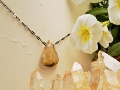 gold rutilated quartz amulet ~ oxidized silver chain necklace
