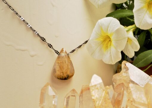 gold rutilated quartz amulet ~ oxidized silver chain necklace