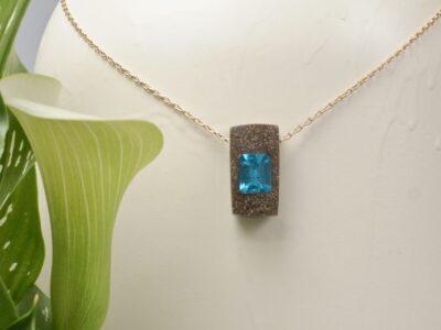 faceted london blue topaz ~ granite amulet~ gold chain necklace