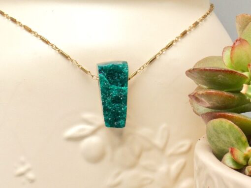 druzy dioptase amulet ~ gold bar chain necklace