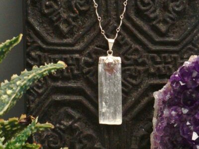 selenite slab ~ amethyst amulet ~ silver bar chain necklace