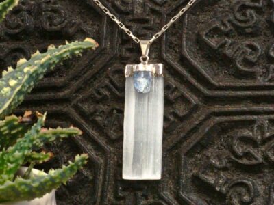 selenite slab ~ kyanite amulet ~ silver chain necklace