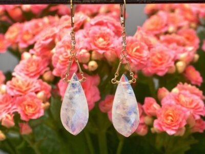 faceted rainbow moontone drops ~ gold bar chain earrings