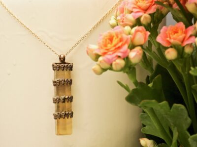 golden fluorite amulet ~ long gold chain necklace