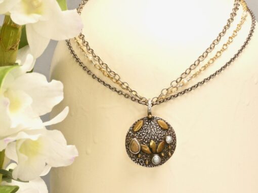 pearl ~ sunstone pendant ~ multi-chain necklace