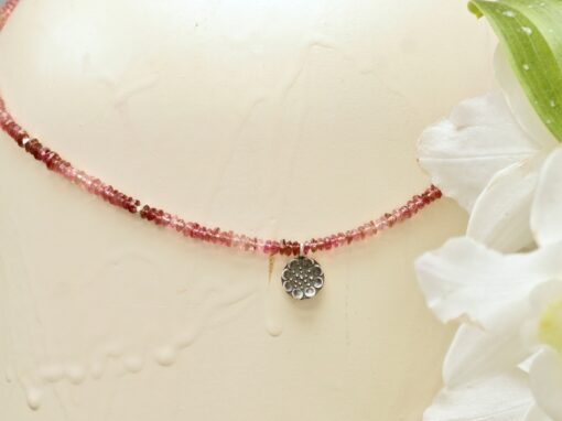 pink tourmaline ~ silver flower necklace