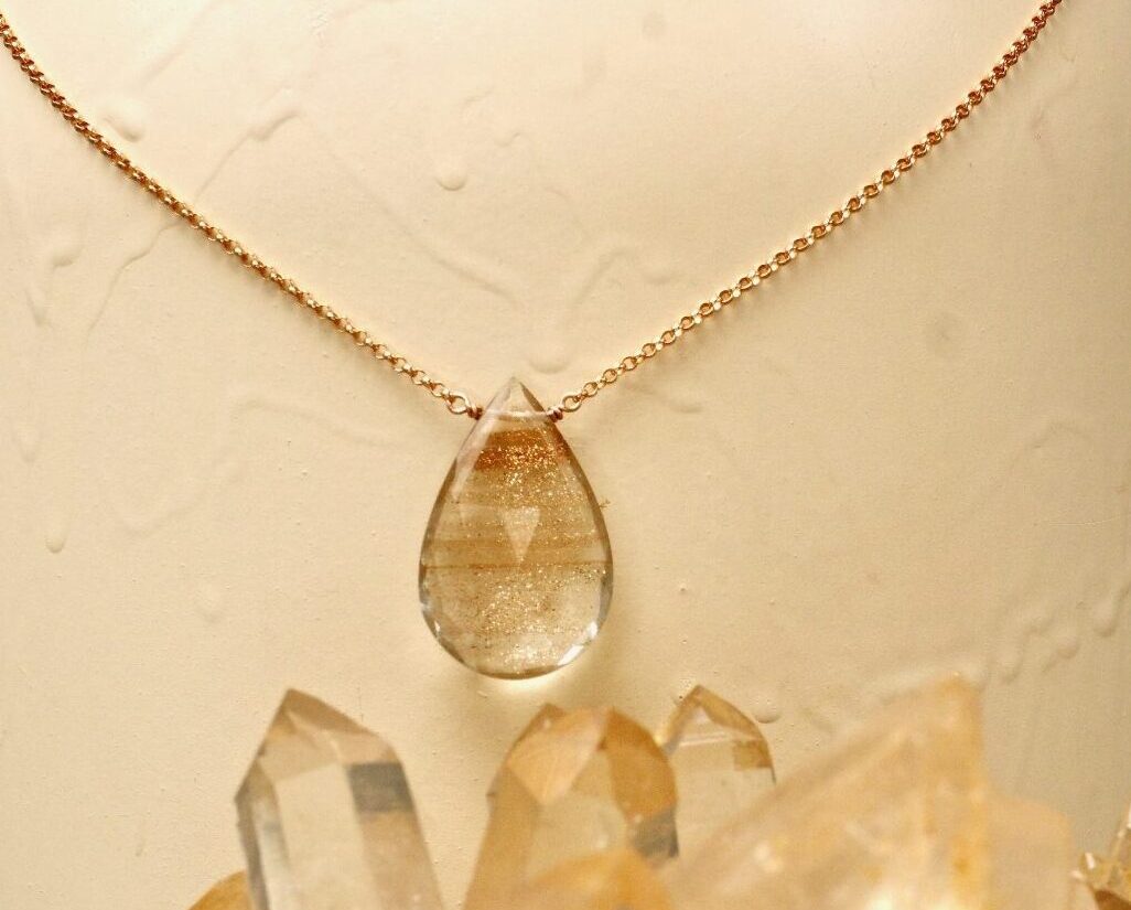 copper quartz crystal amulet ~ rose gold chain necklace