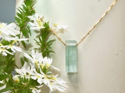 aquamarine crystal amulet ~ gold bar chain necklace
