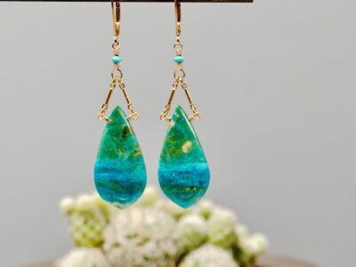 blue opalina drops ~ gold bar chain earrings