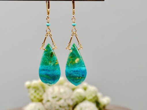 blue opalina drops ~ gold bar chain earrings