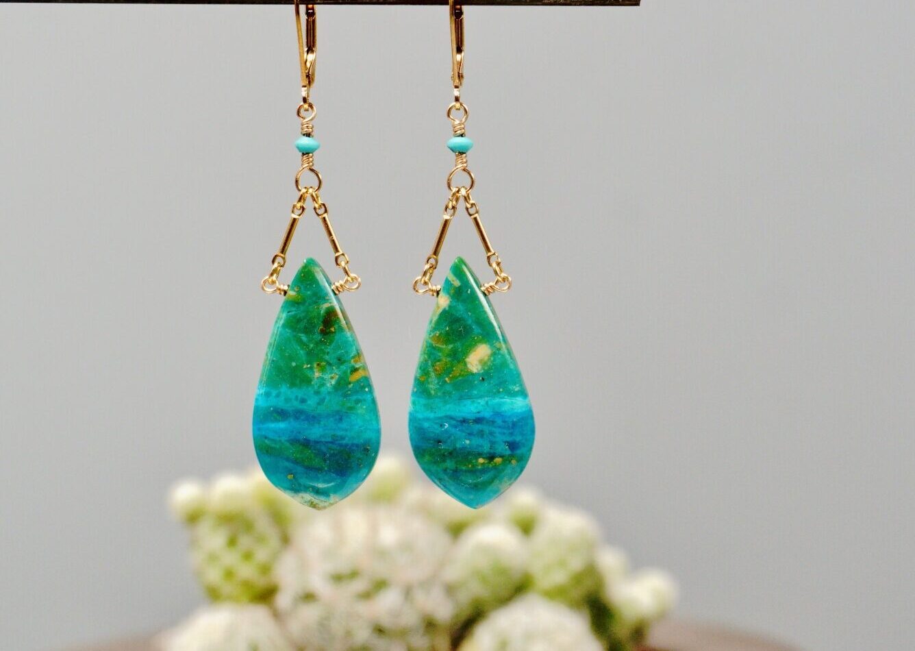 blue opalina drops ~ gold bar chain earrings
