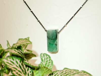 emerald crystal amulet ~ oxidized silver beaded chain necklace