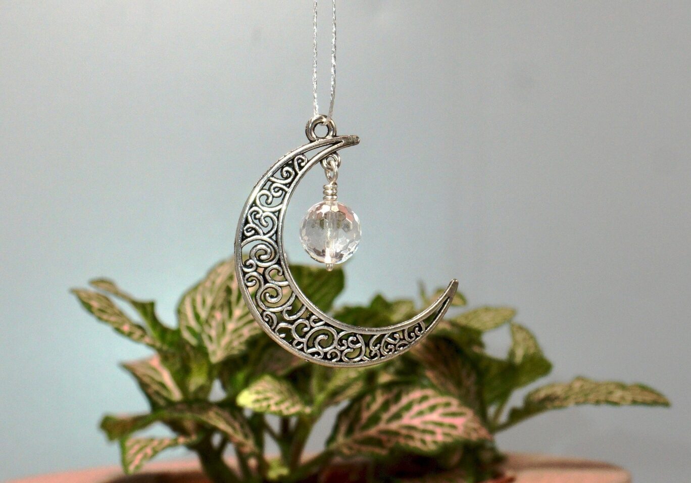 faceted quartz crystal ~ silver half moon suncatcher