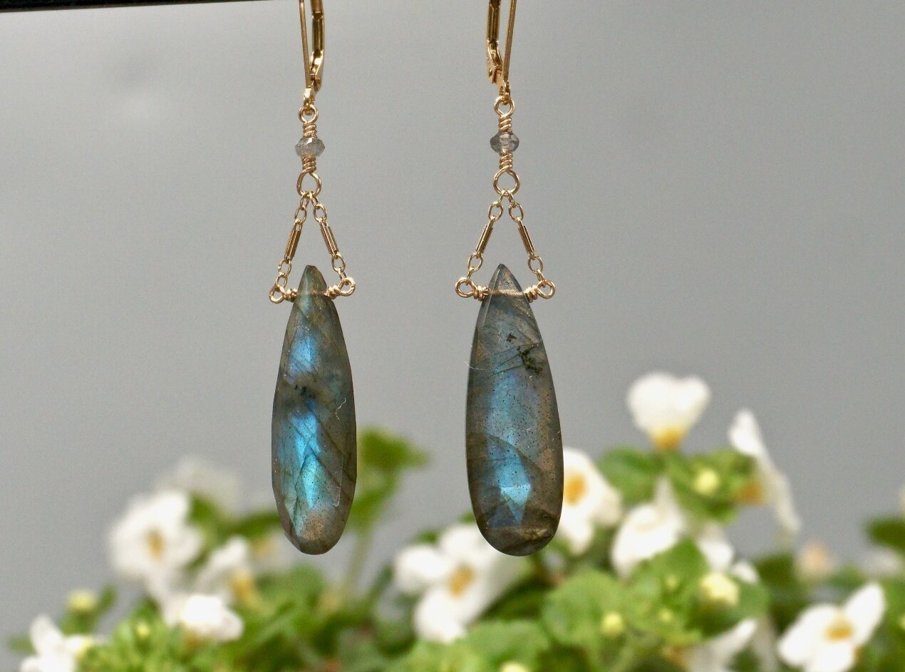 faceted labradorite drops ~ gold bar chain earrings