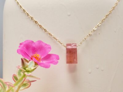 pink tourmaline amulet ~ gold decorative chain necklace